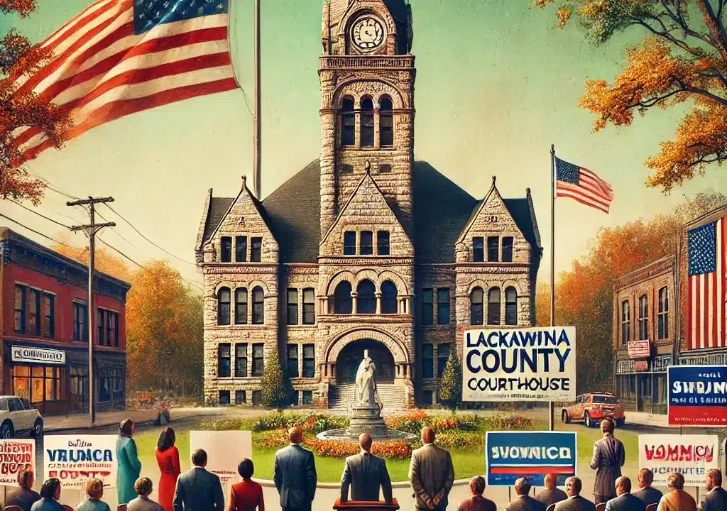 DALL·E A symbolic and artistic representation of politics in Lackawanna County Pennsylvania In the background is the real Lackawanna County Courthouse in S
