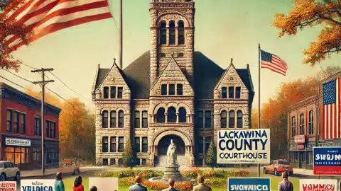 DALL·E A symbolic and artistic representation of politics in Lackawanna County Pennsylvania In the background is the real Lackawanna County Courthouse in S DALL·E A symbolic and artistic representation of politics in Lackawanna County Pennsylvania In the background is the real Lackawanna County Courthouse in S